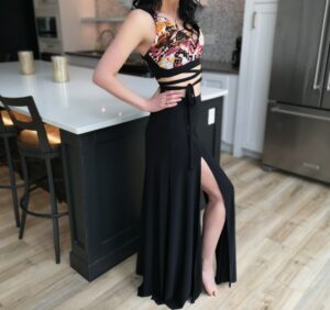 Black maxi skirt with two slits.