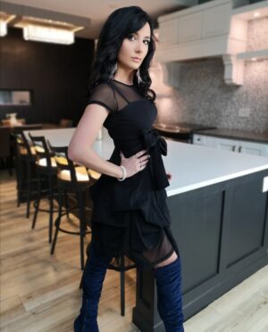 Short black bubble dress.