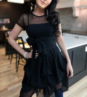 Short black bubble dress.