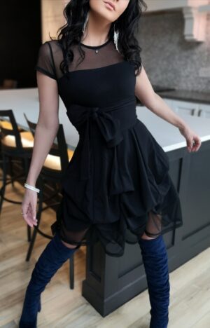 Short black bubble dress.