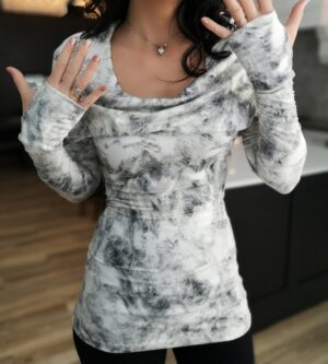 Hooded white and gray cowl neck top.