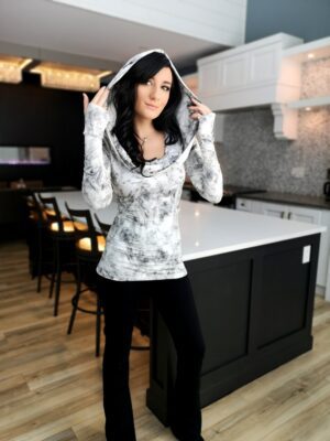 Hooded white and gray cowl neck top.
