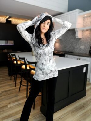 Hooded white and gray cowl neck top.