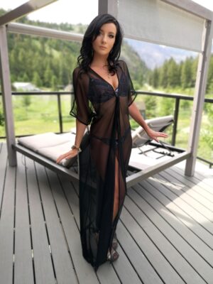Black mesh swimsuit/dress jacket.