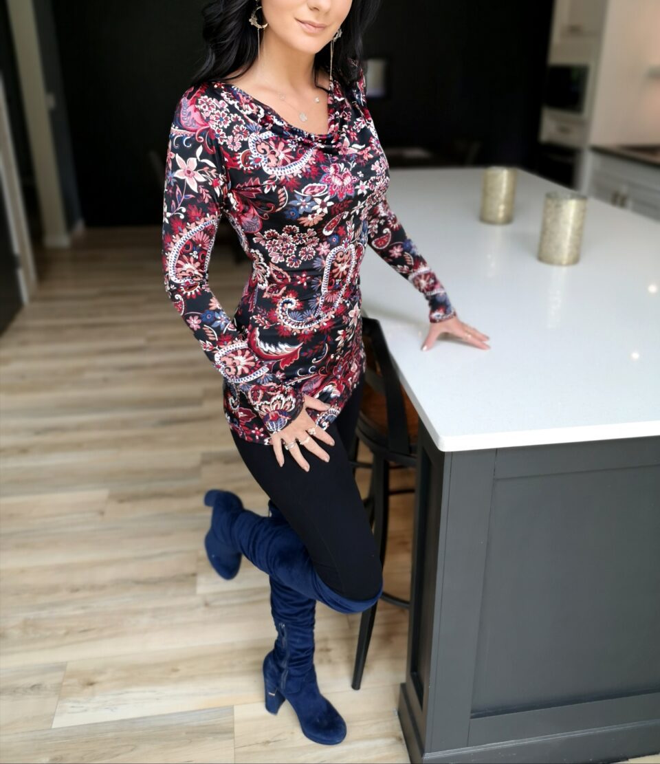 Red paisley cowl neck long-sleeve tunic top.