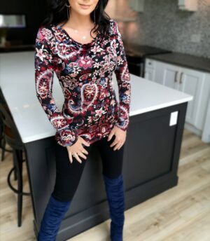 Red paisley cowl neck long-sleeve tunic top.