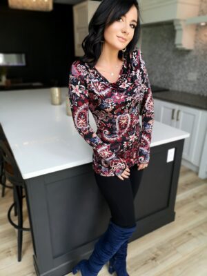 Red paisley cowl neck long-sleeve tunic top.