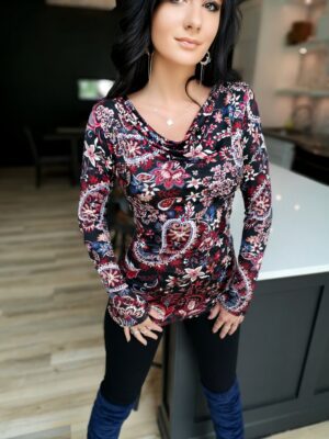Red paisley cowl neck long-sleeve tunic top.