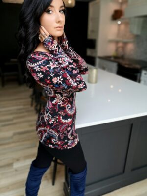 Red paisley cowl neck long-sleeve tunic top.