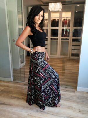 Red and white on black geometrical print floor length printed skirt.