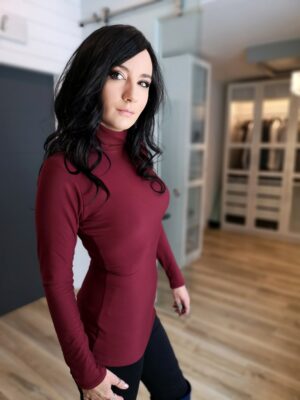 Burgundy stylish bamboo long-sleeve fitted turtleneck.