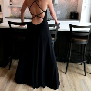 Black open back maxi dress.