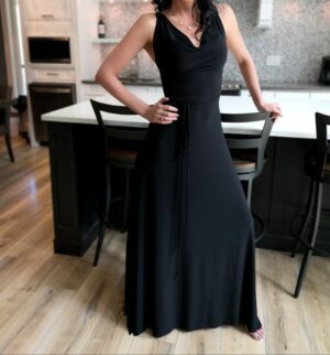 Black cowl neck open back maxi dress.