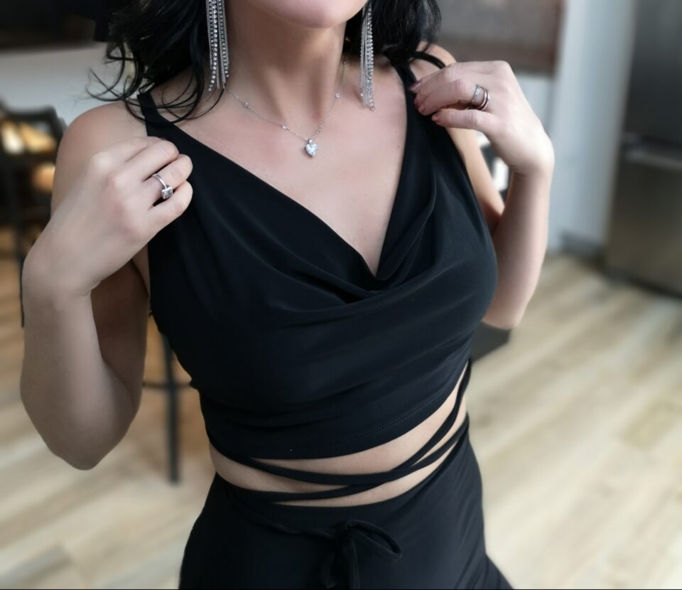 Black simple fitted cowl neck crop top.