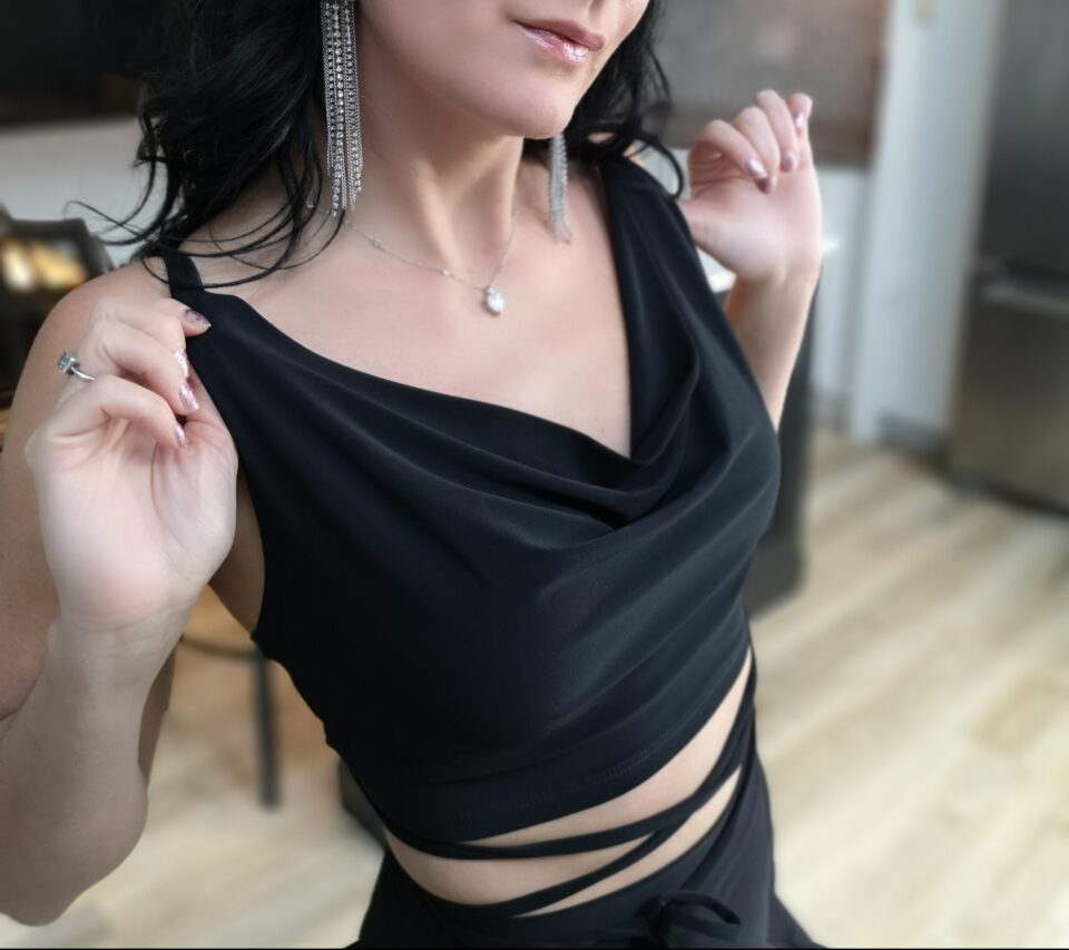 Black simple fitted cowl neck crop top.