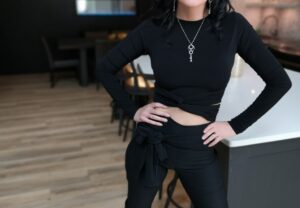 Black classy universal crop wrap top.
