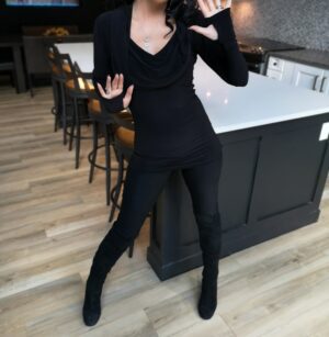 Black long-sleeve hooded cowl neck top.