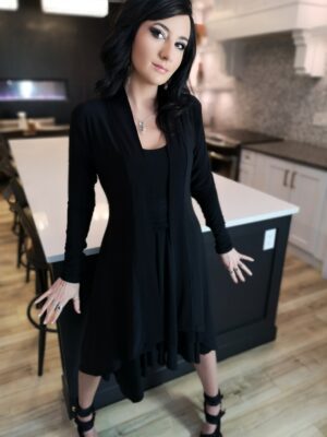 Long black cardigan, poly spandex blend.