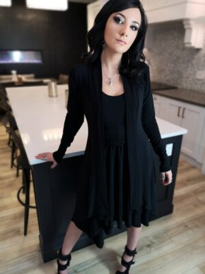 Long black cardigan, poly spandex blend.