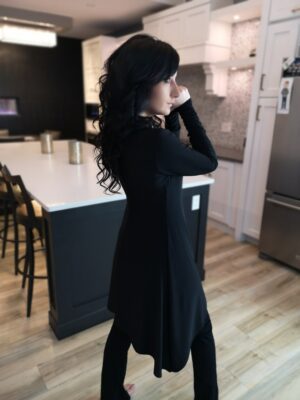 Long black cardigan, poly spandex blend.