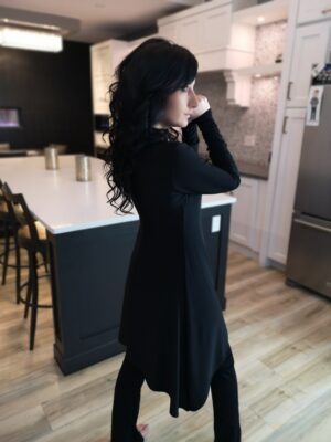 Long black cardigan.