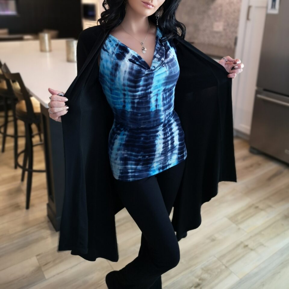 Long black cardigan, poly spandex blend.