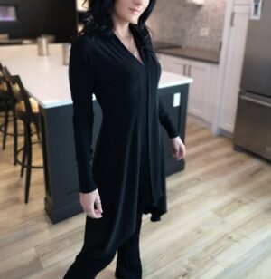 Long black cardigan, poly spandex blend.