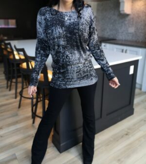 Draping speckled gray long-sleeve top.