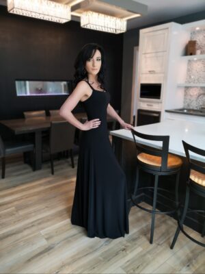 Black skinny strap fitted maxi dress.