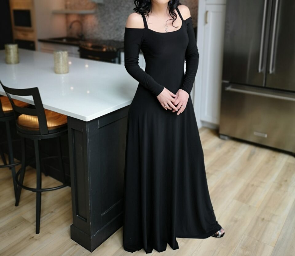 Cold shoulder long-sleeve black maxi dress.