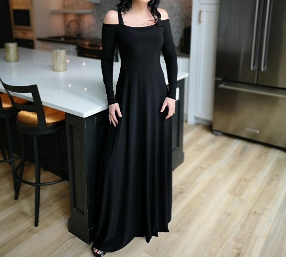 Cold shoulder black maxi dress.