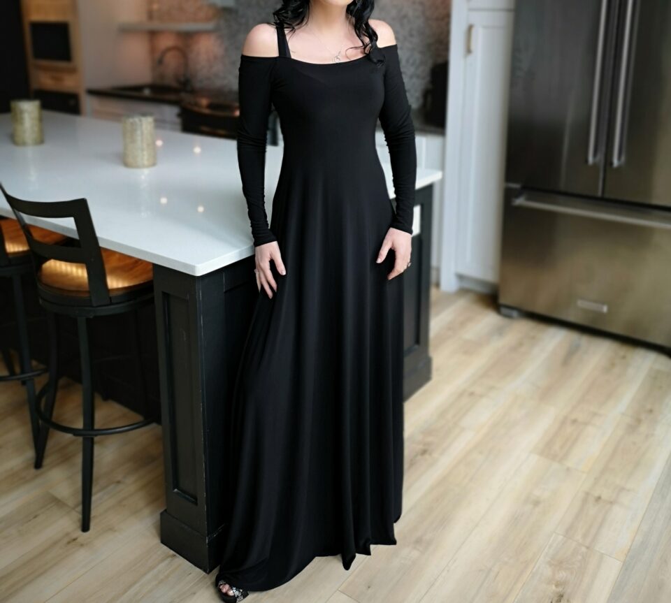Cold shoulder long-sleeve black maxi dress.