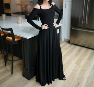 Cold shoulder long-sleeve black maxi dress.