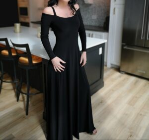 Cold shoulder long-sleeve black maxi dress.