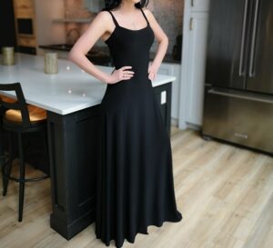 Black skinny strap fitted maxi dress.
