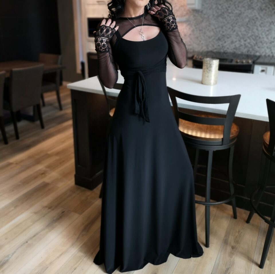 Black skinny strap fitted maxi dress.