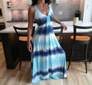 Soft blue and white maxi dress.