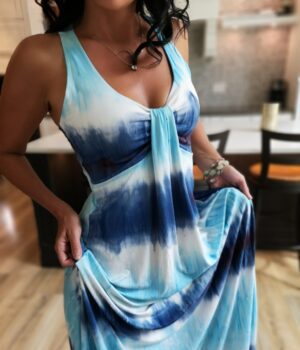 Soft blue and white maxi dress.