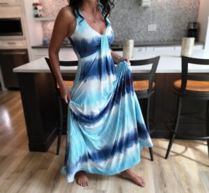 Soft blue and white maxi dress.