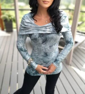 Tie-dye green hooded bamboo long-sleeve top.