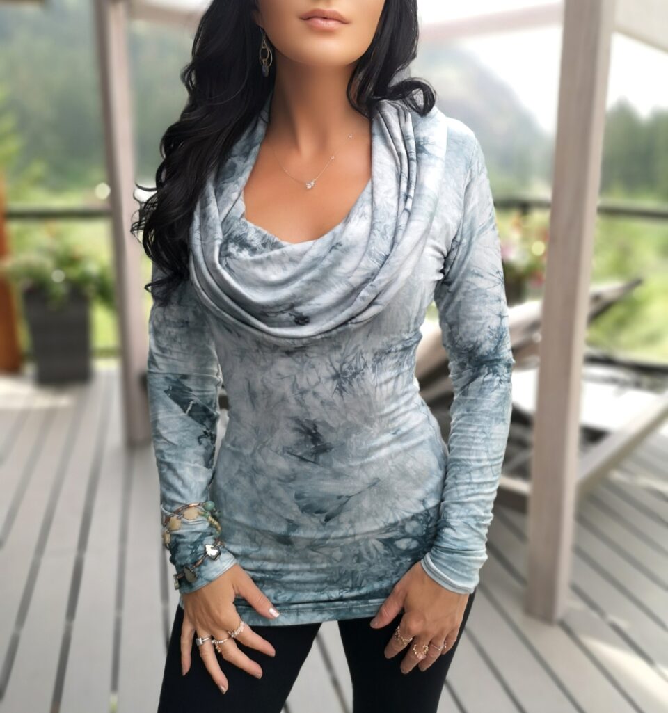 Tie-dye green hooded bamboo long-sleeve top.