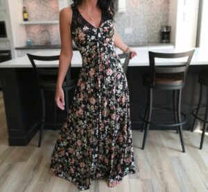 Orange and white on black maxi racerback lace printed dress.