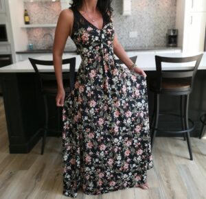 Orange and white on black maxi racerback lace printed dress.