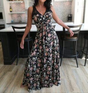 Orange and white on black maxi racerback lace printed dress.