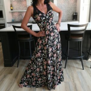 Orange and white on black maxi racerback lace printed dress.