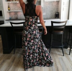 Orange and white on black maxi racerback lace printed dress.