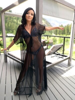 Black mesh swimsuit/dress jacket.