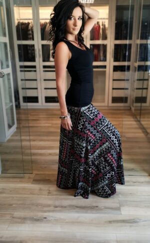 Red and white on black geometrical print floor length printed skirt.