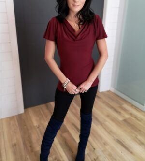 Burgundy cowl neck fitted top with draping sleeves.