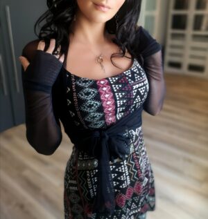 Red and white on black geometrical print short mini summer dress.